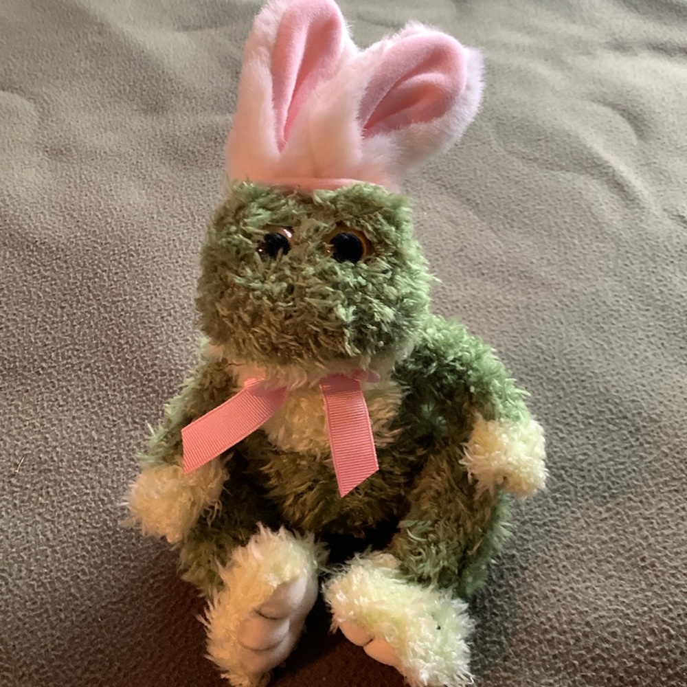 World Market stuffed green frog “Easter Bunny”. Approximately 6” x 11”